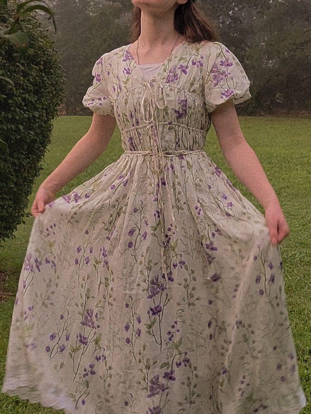 Linennaive Smocked Puff Sleeve Floral Linen Dress